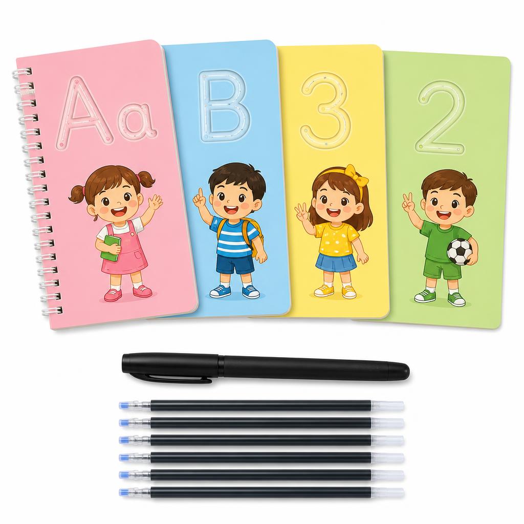 Kids Reusable Handwriting Practice Book Set (4 Books + 10 Refills)